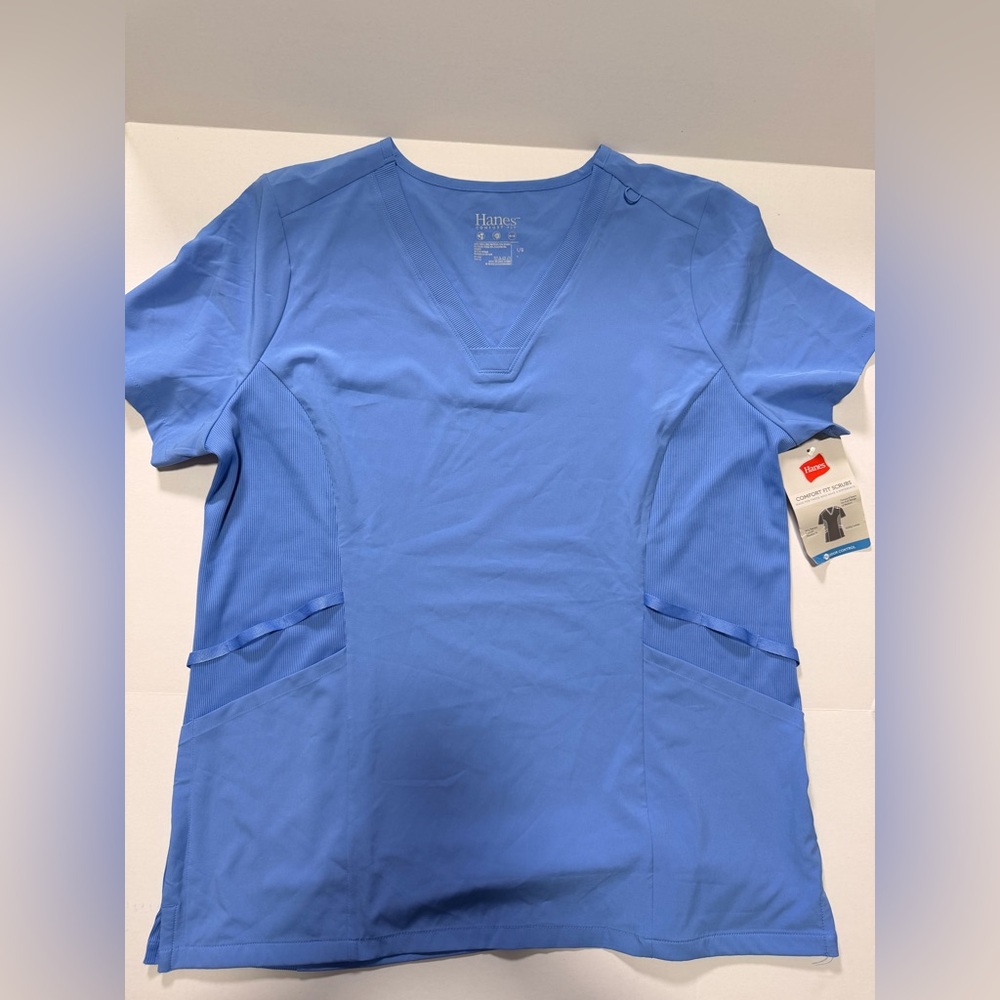 Hanes‎ Comfort Fit Short Sleeve V-Neck Scrub Top | Blue Size Large Medic Nurses
